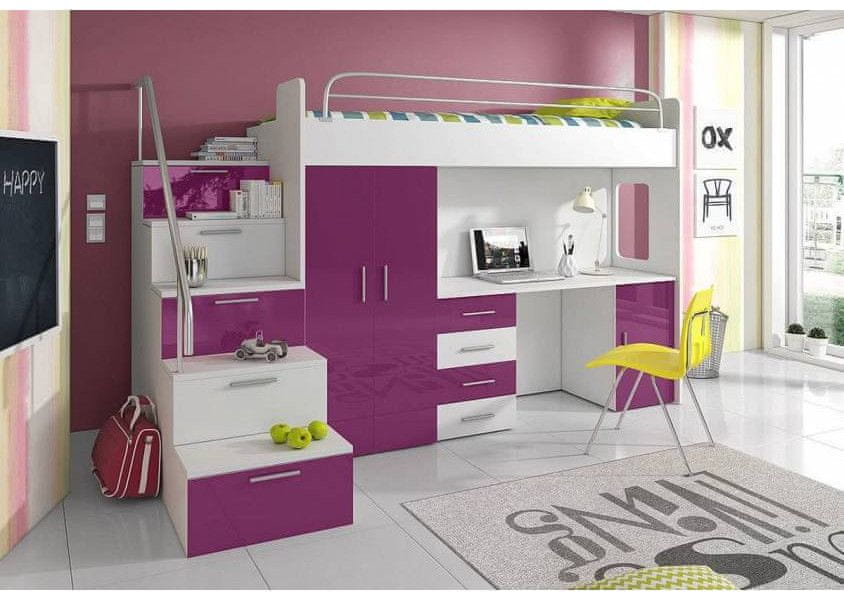 Veneti Detská poschodová posteľ s písacím stolom RENI 4 - 80x200, biela / fialová